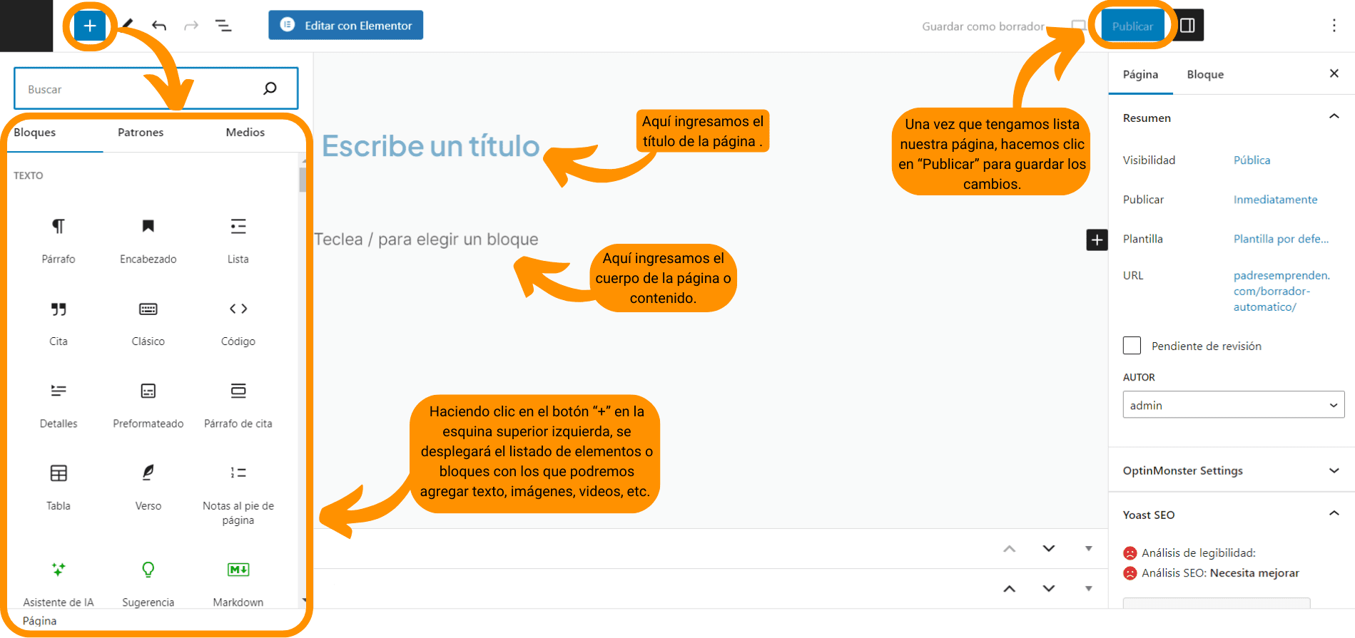 Captura de pantalla que muestra cómo crear una página de nuestro sitio web.