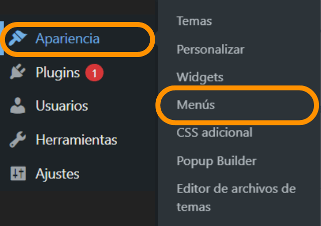 Captura de pantalla que muestra la sección dentro del panel de administración de WordPress donde podemos ir para configurar los menús de nuestra página web.