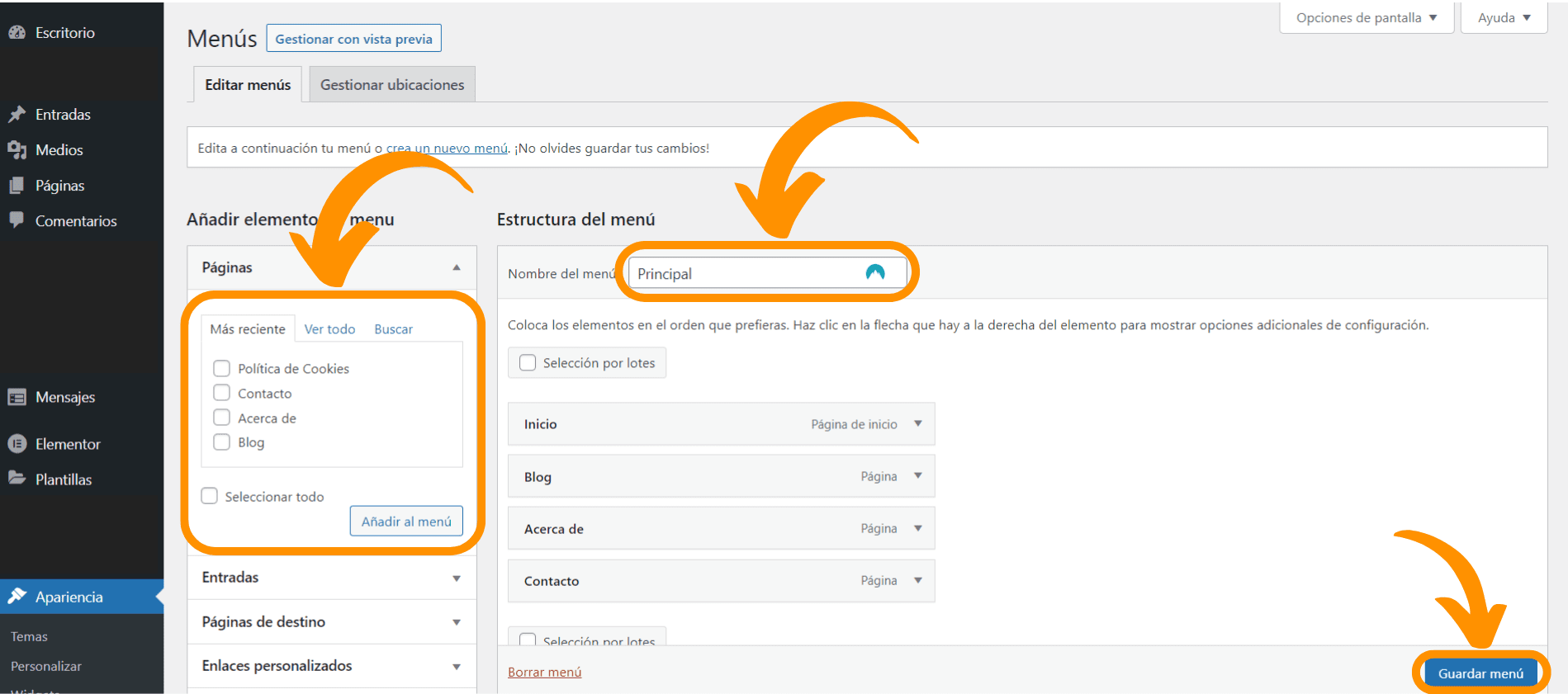 Captura de pantalla que muestra cómo configurar un menú de nuestra página web.