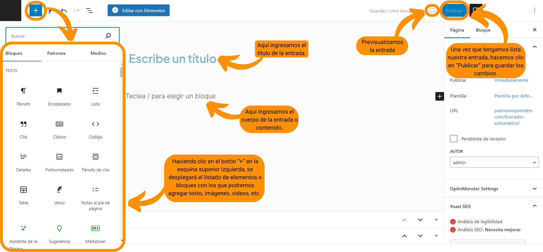 Captura de pantalla que muestra cómo crear una entrada de nuestro sitio web.