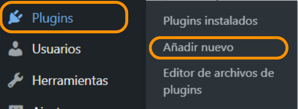Captura de pantalla que muestra la sección dentro del panel de administración de WordPress donde podemos ir a buscar plugins para nuestra página web.
