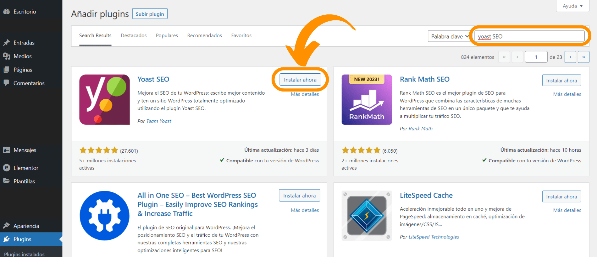 Captura de pantalla que muestra cómo instalar el plugin Yoast SEO para nuestra página web.
