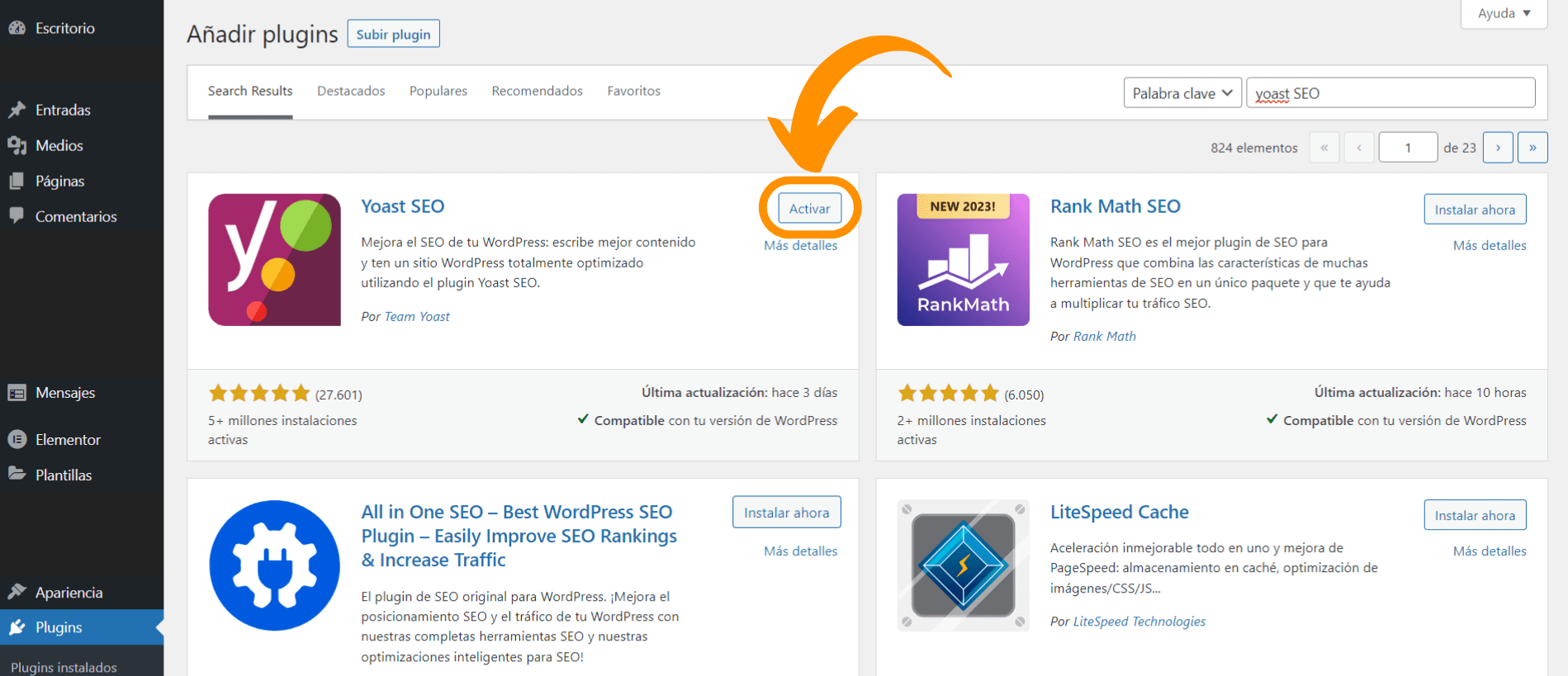 Captura de pantalla que muestra cómo activar el plugin Yoast SEO para nuestra página web.