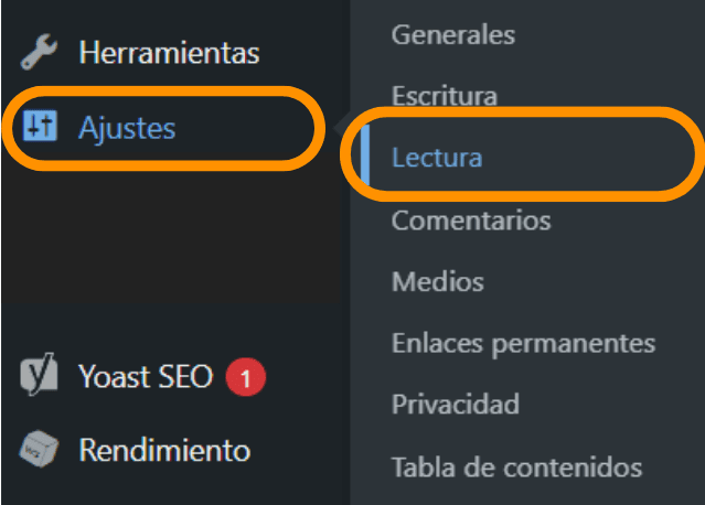 Captura de pantalla que muestra la sección dentro del panel de administración de WordPress donde se pueden realizar ajustes de lectura de nuestro sitio web.