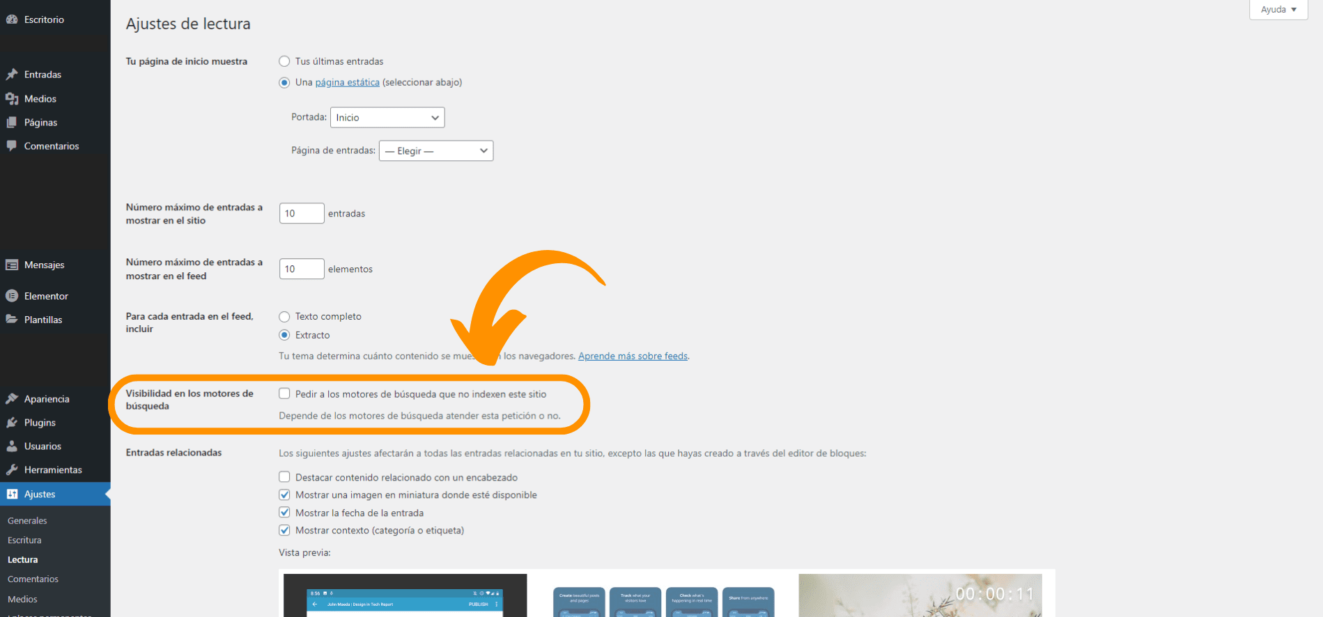 Captura de pantalla que muestra la opción para hacer que nuestro sitio web sea indexado o no por los motores de búsqueda.