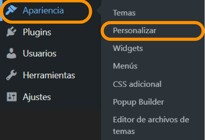 Captura de pantalla que muestra la sección dentro del panel de administración de WordPress donde podemos ir para personalizar algunas características de nuestro sitio web.
