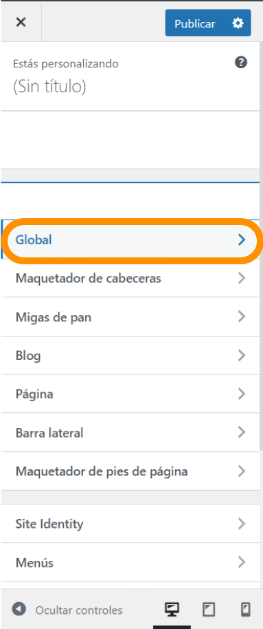 Captura de pantalla que muestra la sección dentro del panel de administración de WordPress donde específicamente podemos ir para personalizar la tipografía, los colores, botones, etc., de nuestro sitio web.