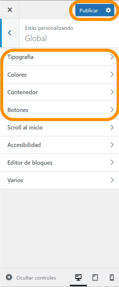 Imagen que muestra la sección dentro del panel de administración de WordPress donde podemos ir para personalizar características globales de nuestro sitio web.