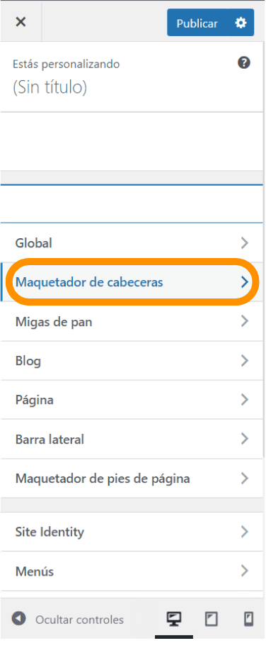 Captura de pantalla que muestra la sección dentro del panel de administración de WordPress donde podemos ir para configurar la cabecera de nuestra página web.