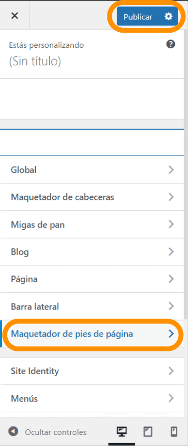 Captura de pantalla que muestra la sección dentro del panel de administración de WordPress donde podemos ir para configurar el pie de página de nuestro sitio web.