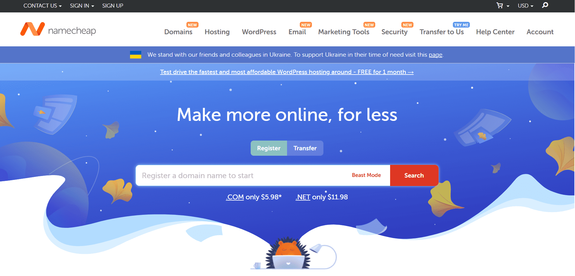 Captura de pantalla de la página de inicio de Namecheap. Proveedor de dominio para crear una página web.