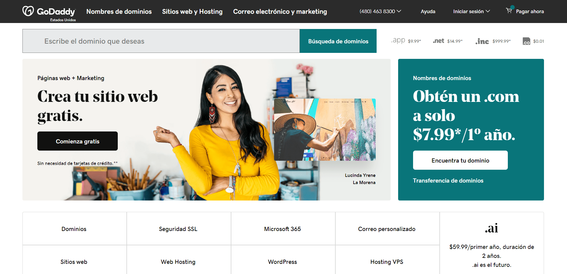 Captura de pantalla de la página de Inicio de GoDaddy