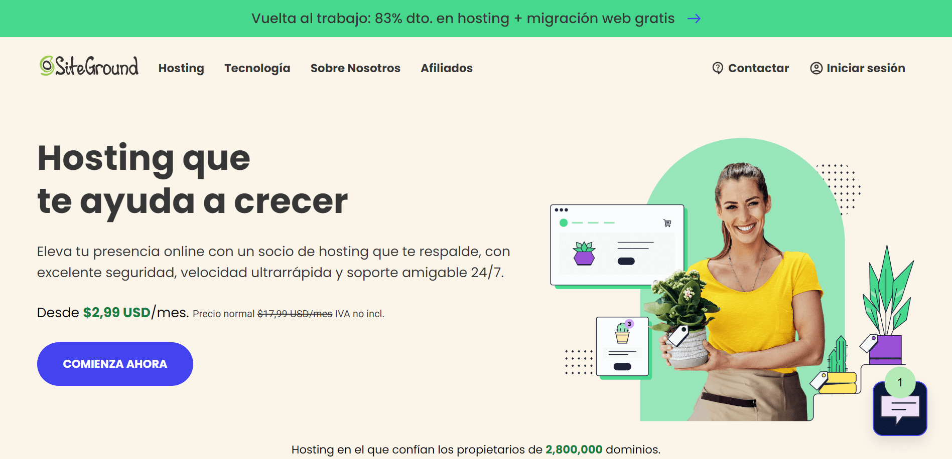Captura de pantalla de la página de inicio de SiteGround.