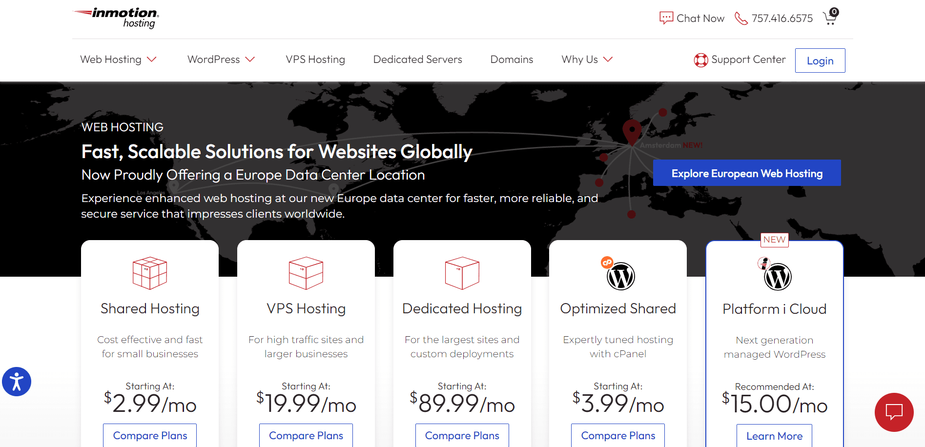Captura de pantalla de la página de inicio de InMotion Hosting.]