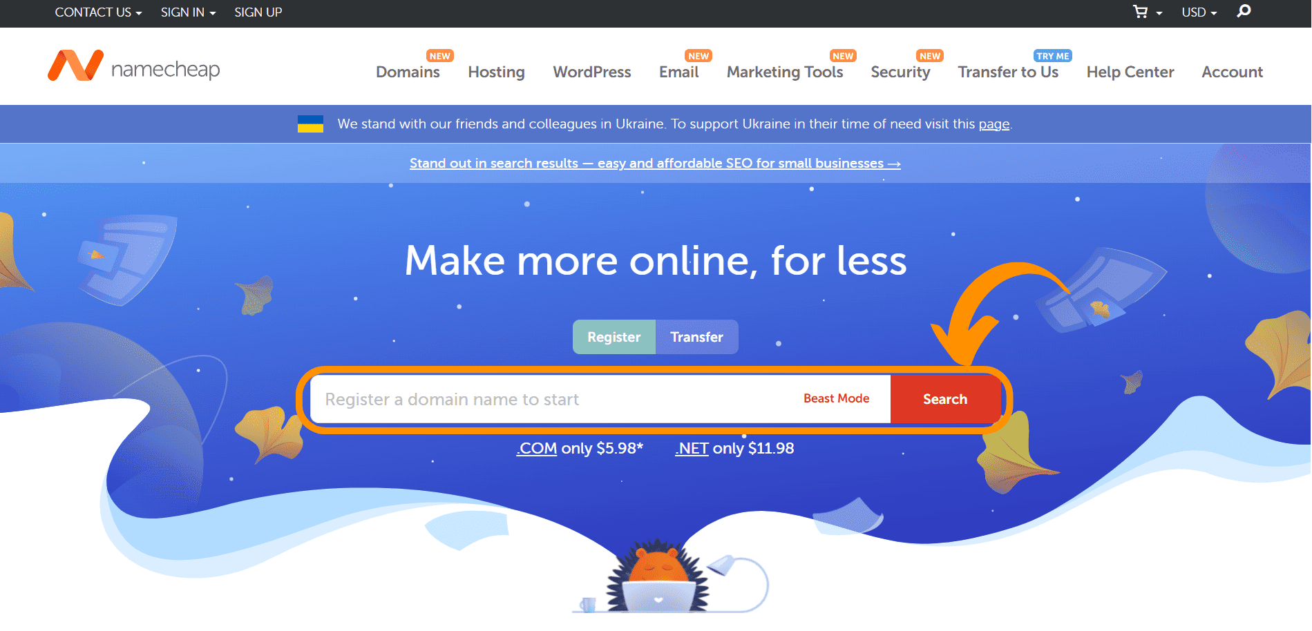 Captura de pantalla de la página de inicio de Namecheap. Paso inicial para crear nuestra página web.