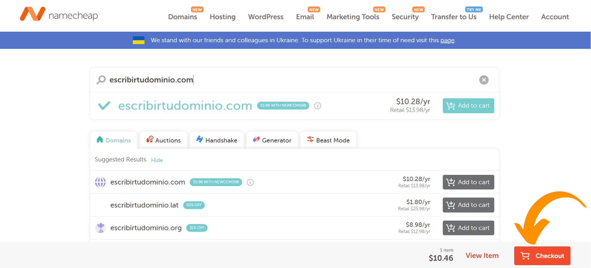 Captura de pantalla que muestra el carrito de compras de Namecheap una vez elegido el nombre del dominio.