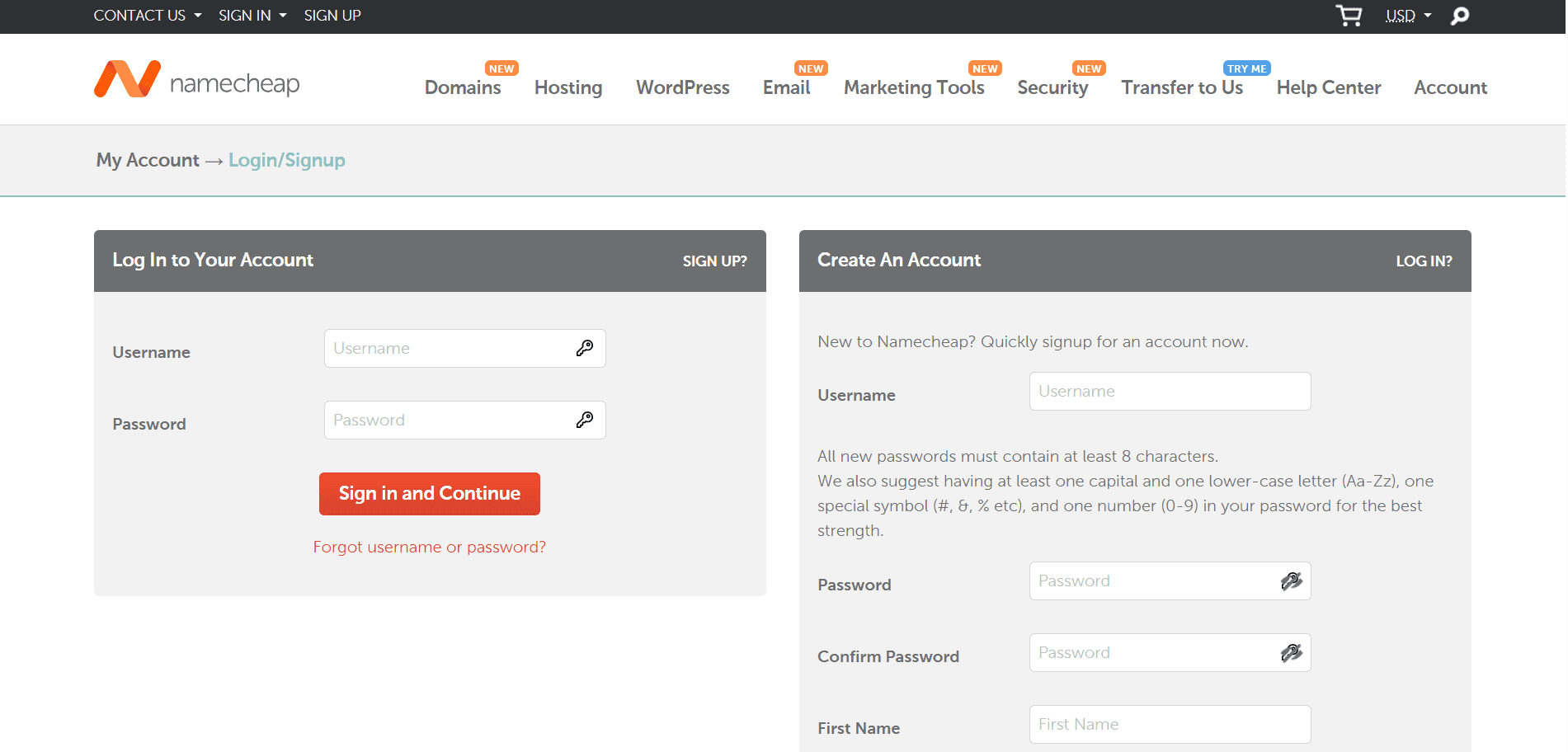 Captura de pantalla que muestra el paso para registrarse en Namecheap o Iniciar sesión si ya se tiene una cuenta.