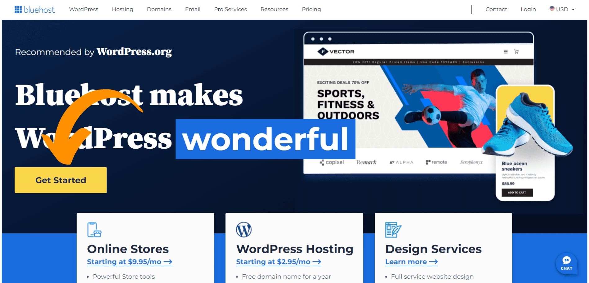 Captura de pantalla que muestra el paso inicial para contratar el hosting de Bluehost. Paso muy relevante para crear nuestro sitio web.
