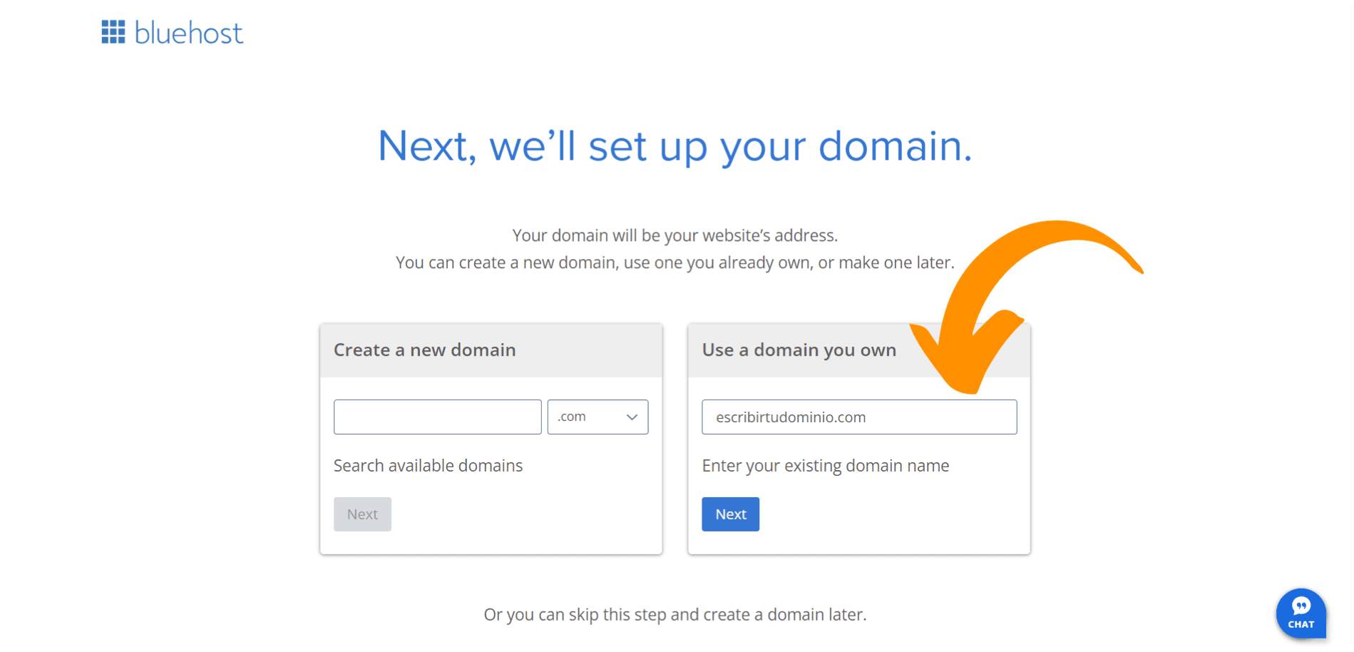 Captura de pantalla que muestra el paso donde debemos ingresar el dominio que escogimos para crear una página web.