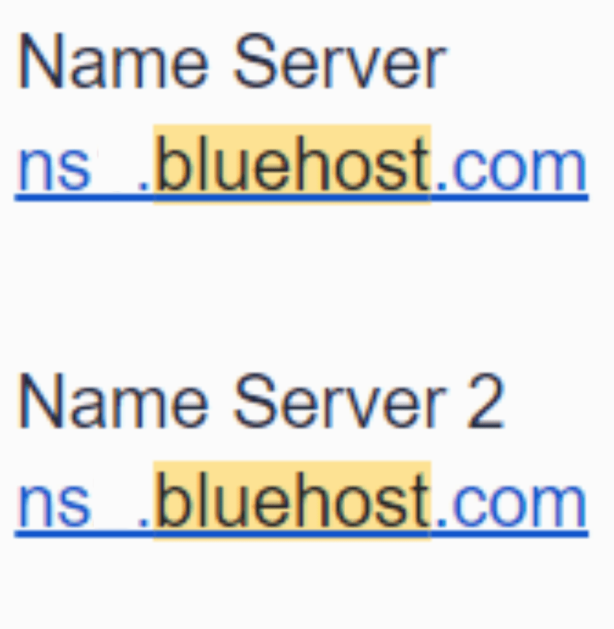 Captura de pantalla que muestra el nombre de los servidores que aparecen en el email de confirmación que nos llega desde Bluehost.