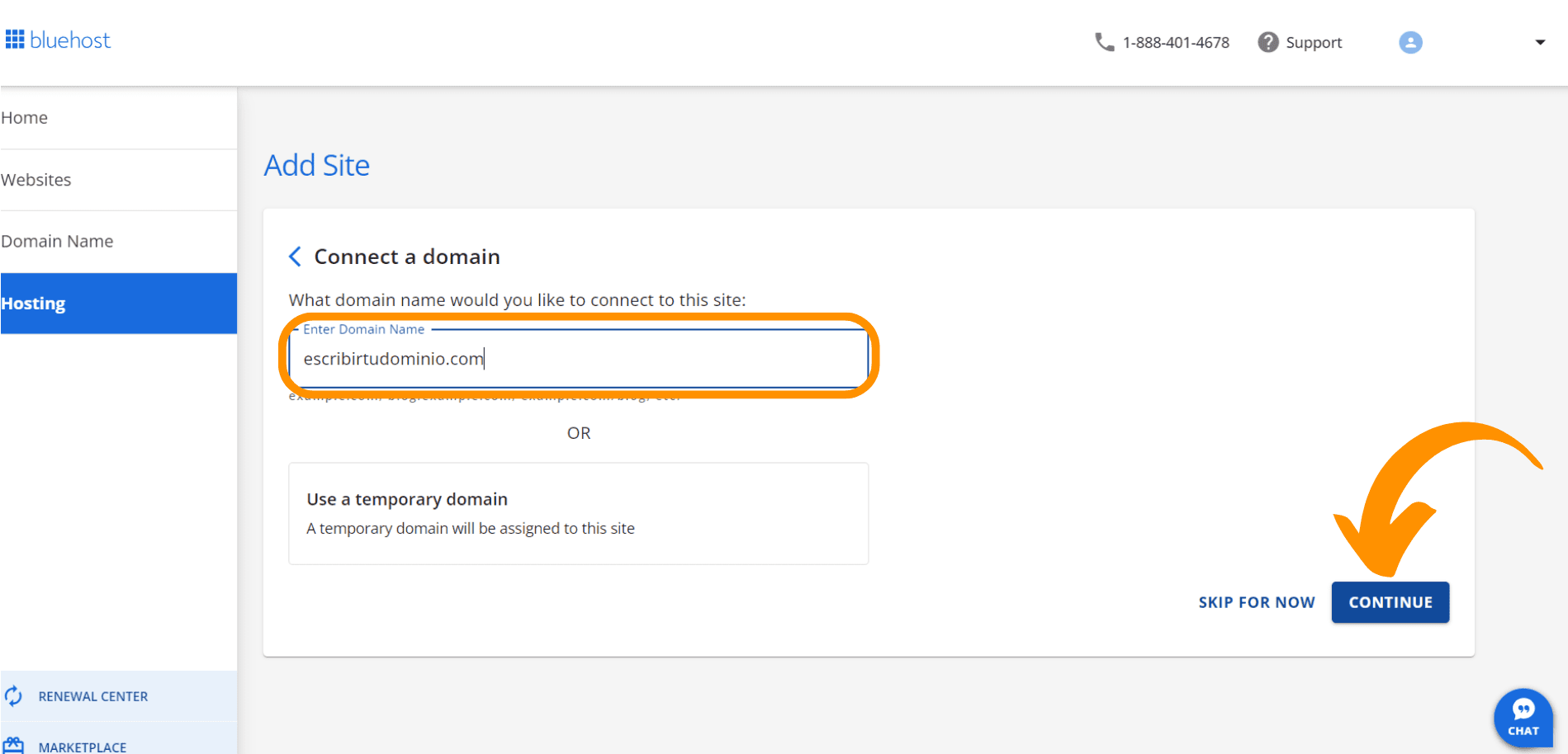 Captura de pantalla que muestra que debemos ingresar nuestro dominio para conectarlo con el sitio web.