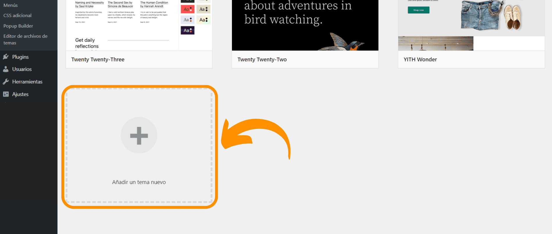 Captura de pantalla que muestra dónde podremos visualizar las distintas opciones de tema para nuestra página web.