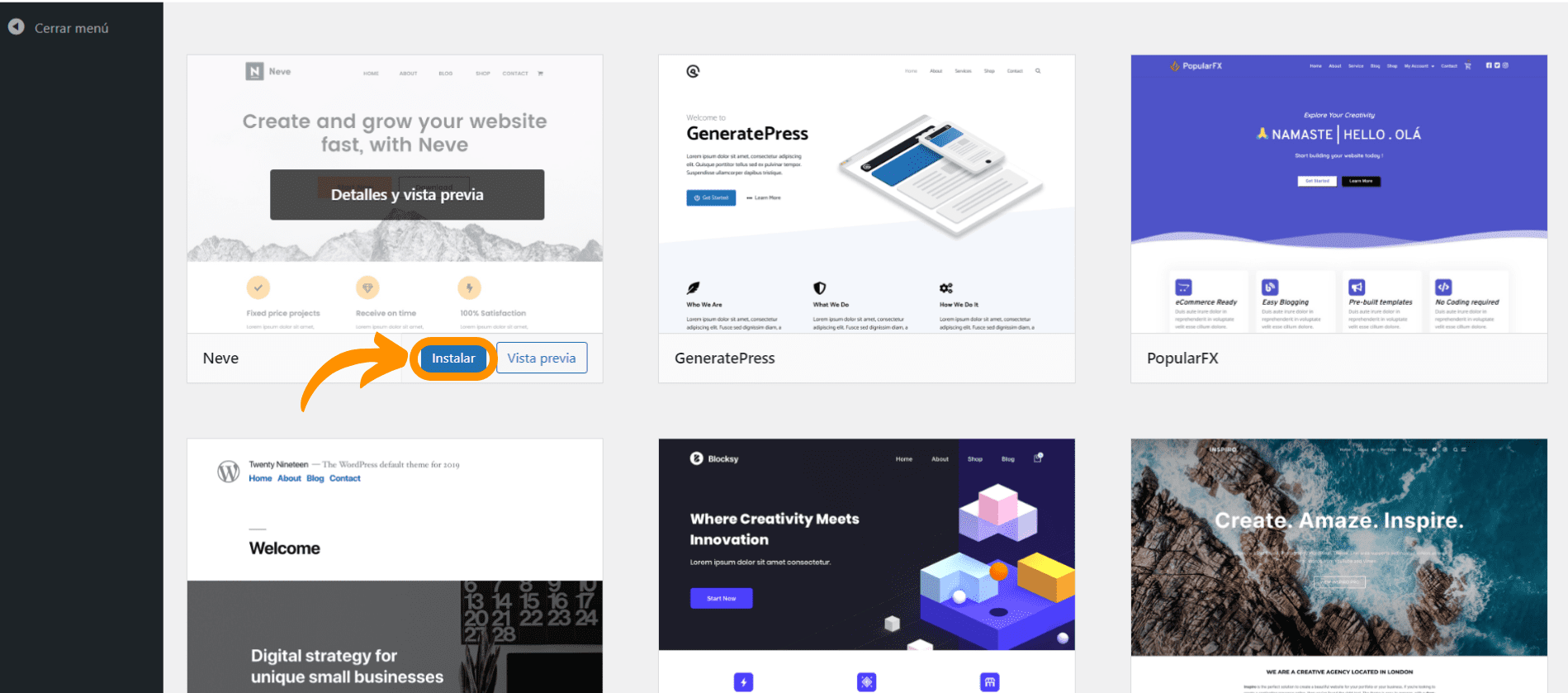 Captura de pantalla que muestra cómo instalar un tema para nuestro sitio web.