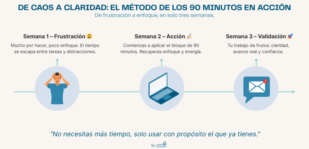 Infografía: De caos a claridad, el método de los 90 minutos en acción. Línea de tiempo con tres etapas: frustración, acción y validación.