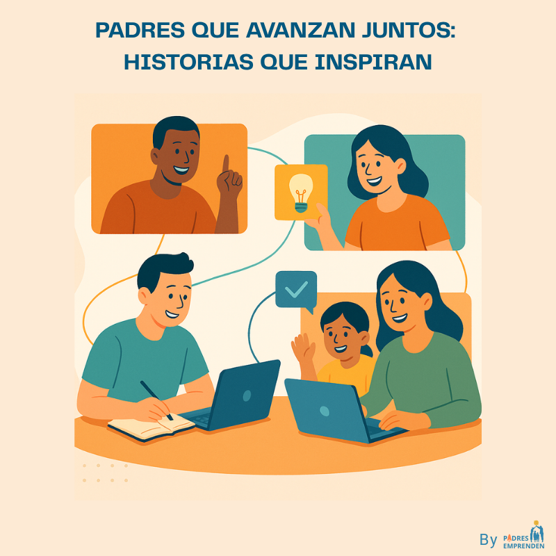Padres y madres emprendedores conectados en una videollamada, compartiendo ideas, apoyo y motivación desde casa.