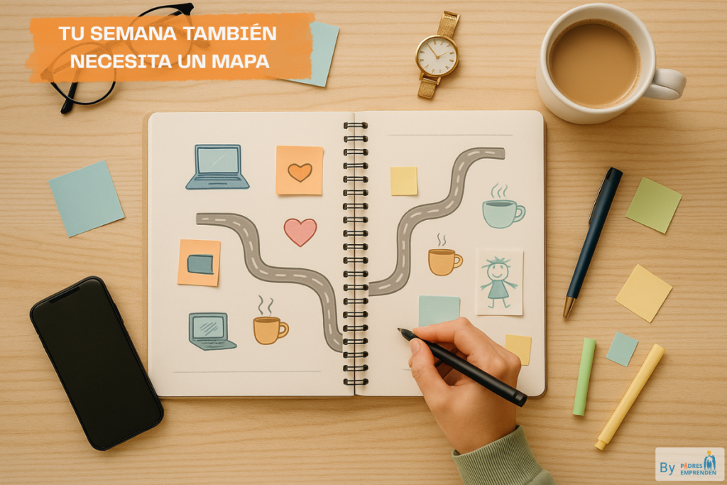 Agenda abierta con dibujo de caminos, laptop, corazón, taza de café y dibujo infantil, simbolizando cómo organizar la semana entre trabajo y familia