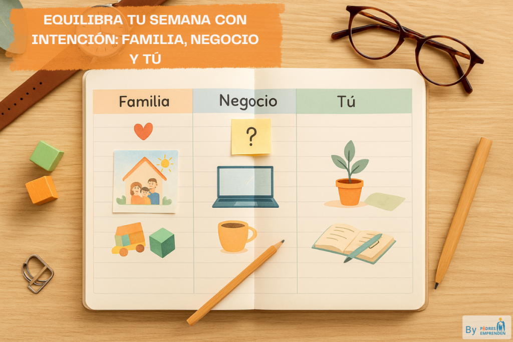 Planner abierto dividido en tres columnas con los títulos Familia, Negocio y Tú, mostrando íconos de hogar, laptop y planta como símbolo de equilibrio entre vida familiar, trabajo y bienestar personal