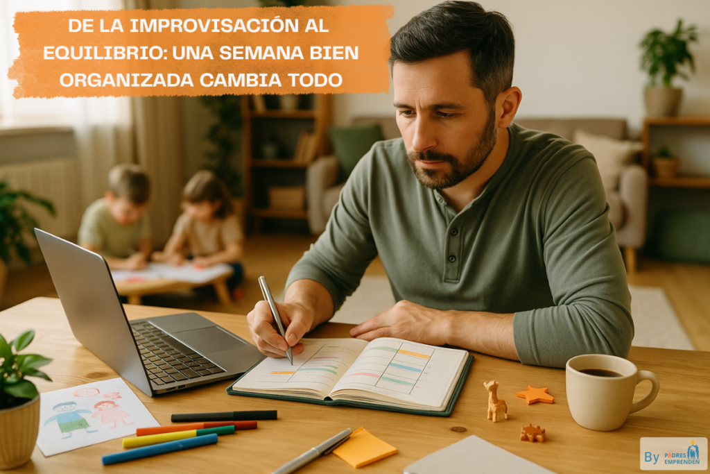 Padre emprendedor planificando su semana en casa con sus hijos jugando al fondo, simbolizando equilibrio entre familia y trabajo.