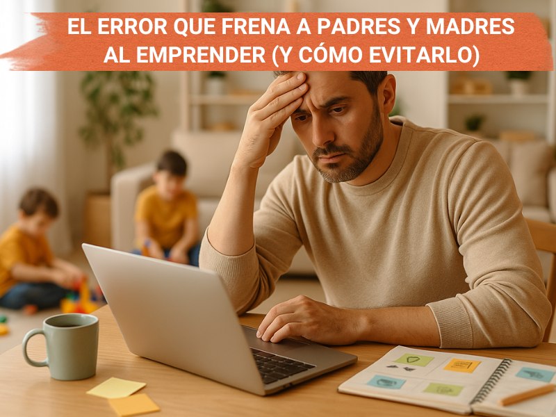 Padre trabajando desde casas mientras intenta emprender y enfrenta distracciones familiares.