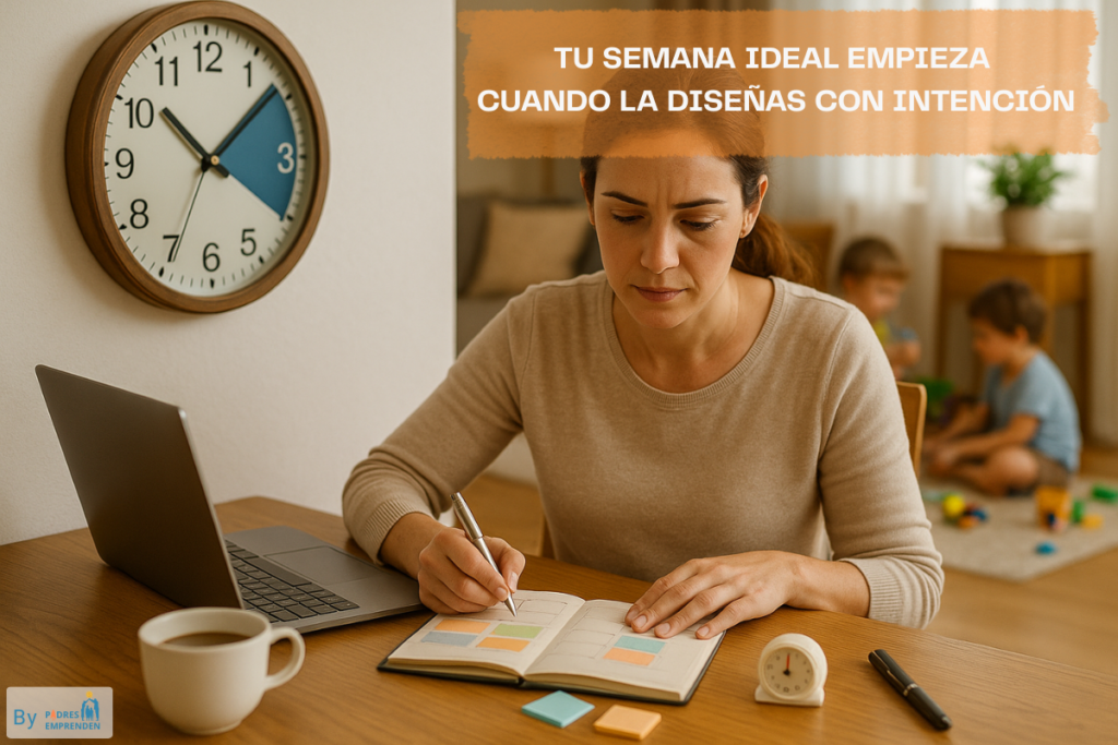 Madre aprovechando un bloque de 60–90 minutos para avanzar en su emprendimiento mientras los hijos juegan cerca.