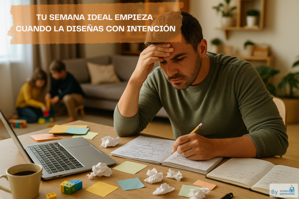 Padre emprendedor revisando notas y sintiéndose abrumado por intentar que todo quede perfecto antes de lanzar su negocio.