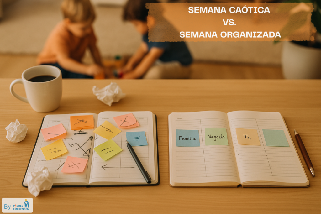 Planner caótico versus planner organizado con bloques de familia, negocio y espacio personal