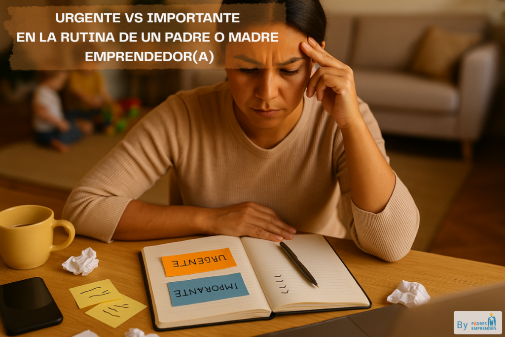 Madre emprendedora mirando su agenda llena de tareas urgentes mientras ignora lo importante, con hijos jugando al fondo.